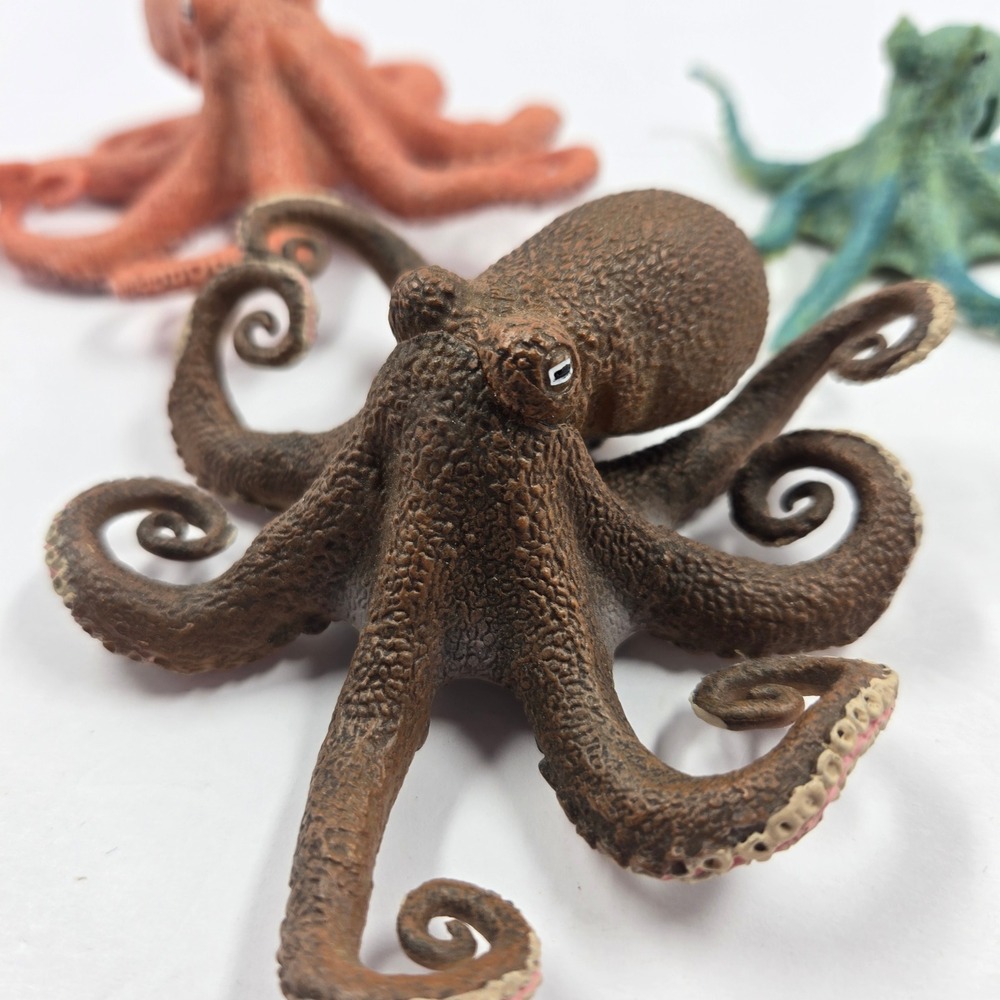 Realistic Octopus Toy Figure Set 3pc Sea Creature Models Brown Orange Teal
